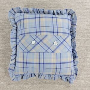 VTG Laura Ashley Emilie Pillow 16" Square Blue Cream Plaid Ruffle Trim Cotton